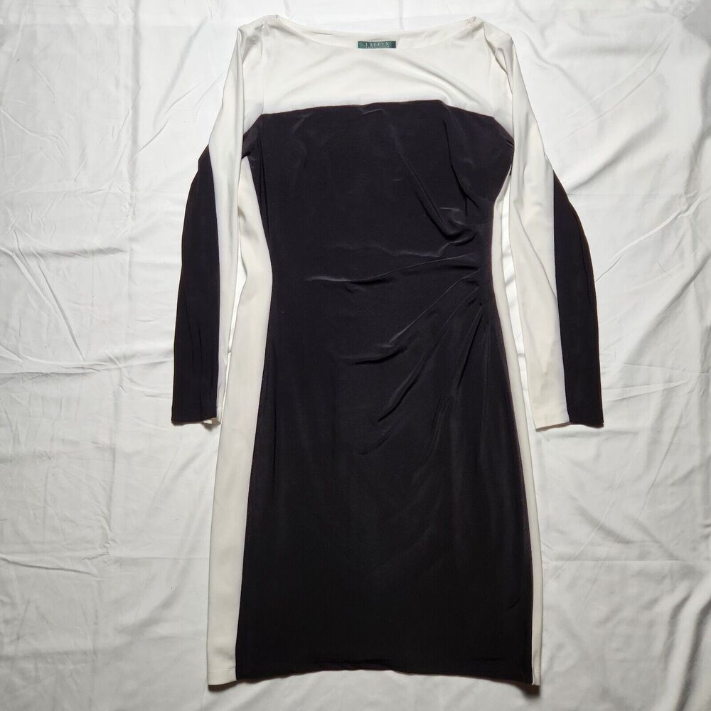 Lauren Ralph Lauren Womens 14 Ruched Boat Neck 3/4 Sleeve Dress Black White